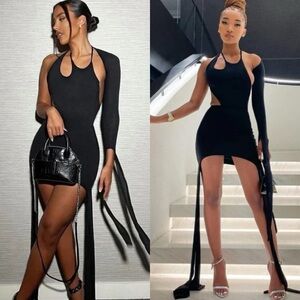 NWT COUCOO Black Cut Out Asymmetrical Slashed Fringe Mini Dress